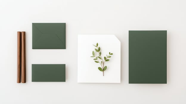 A green card, envelope, and postcard with a leaf on top photo