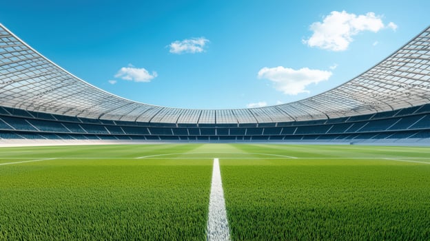 A large stadium with a green field and a white line photo