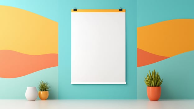 A white poster is hanging on a wall with a green plant in a pot photo