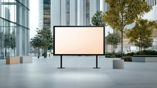 A large white billboard sits in a large, empty building photo