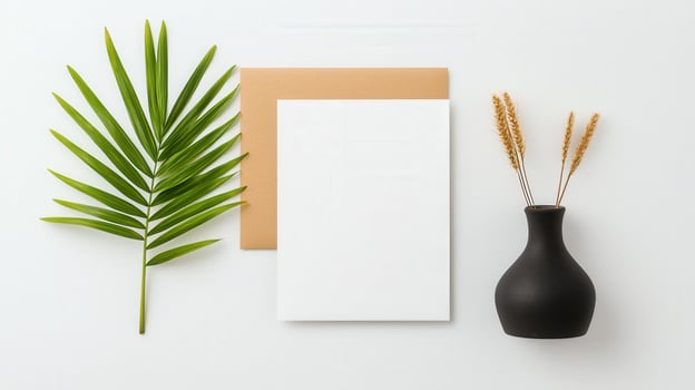 A black vase with a white card and a green leaf photo