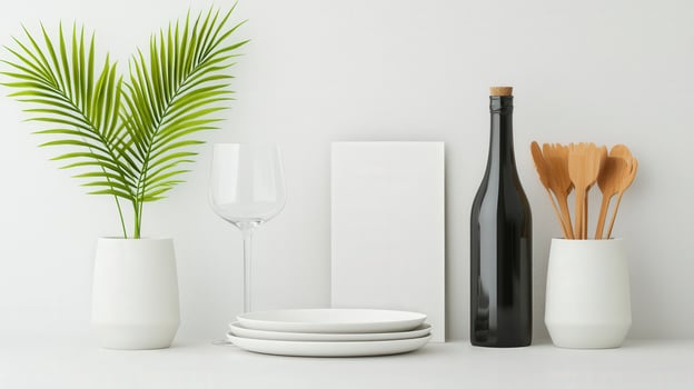 A white plate is on a table next to a bottle and a spoon photo