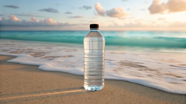 Vitality of clear plastic water bottle on serene beach ocean view nature photography tranquil environment photo