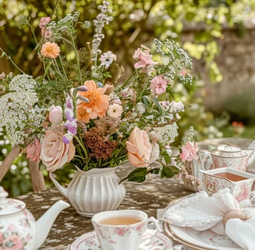 Elegant table setting for tea party with cakes and cupcakes in English manor. Vintage style. photo
