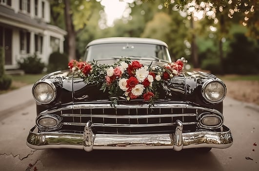 Charming Vintage Car Adorned with Colorful Blooms Perfect for Nostalgic Events photo