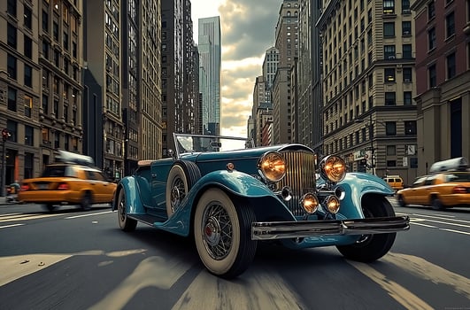 Classic Vintage Car Driving Through Urban City Streets on a Cloudy Day photo