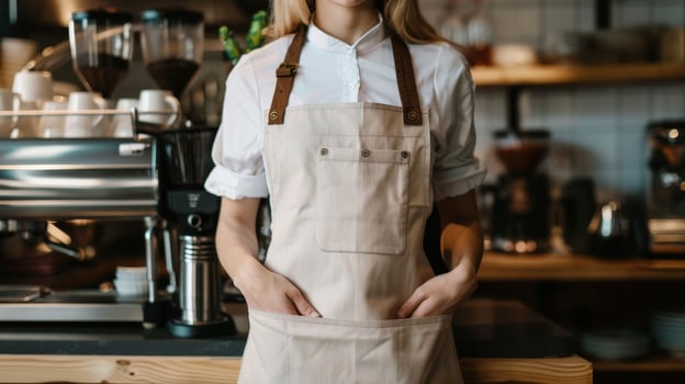 Woman in empty apron. Copy space in white uniform. Waiter wearing black mockup wear for brand or label. Kitchen or restaurant worker with copyspace apron photo