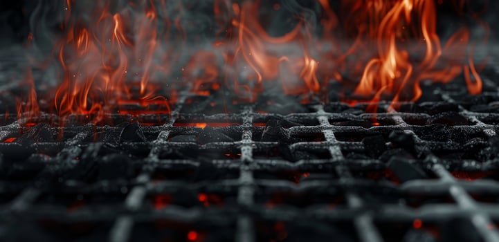 Bbq grilling banner. Empty barbecue background with fire and smoke. Cookout campfire wallpaper. Flame on grill with copyspace photo