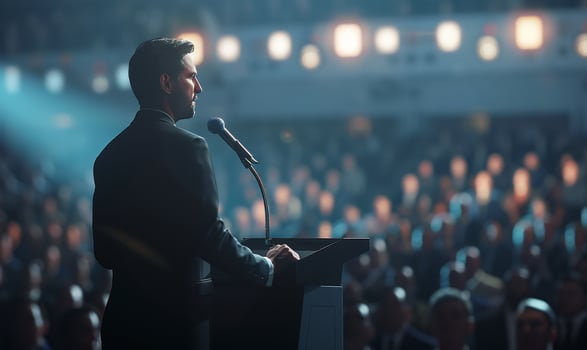 Business seminar and crowd. Male political speaking event. Politician or director communicate and convention. Leader speech. Businessman with microphone at stage photo