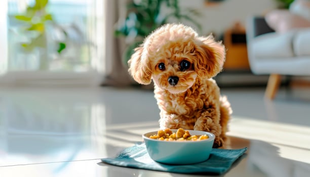 Cute toy poodle dog with bowl of dry food at home. Selective focus photo