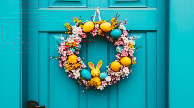 Colorful Easter eggs in a wreath on the door of a house photo