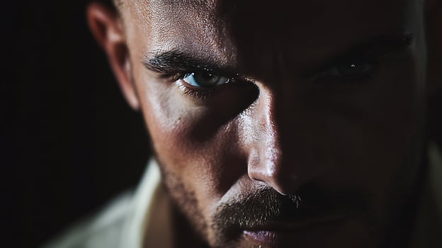 Intense dramatic portrait of a man's face partially obscured by shadows highlighting his eyes and strong facial features photo