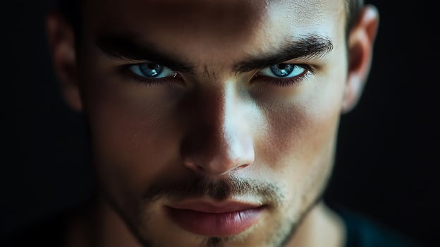 Intense gaze of a man with striking blue eyes dark eyebrows and light stubble Mysterious portrait emphasizing the eyes photo