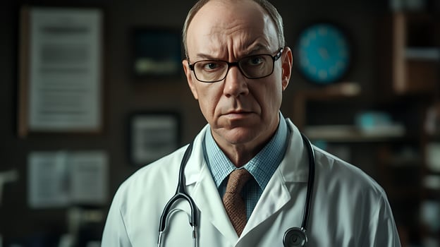 Stern doctor with glasses and stethoscope gives a serious look in an office setting filled with documents and medical supplies photo