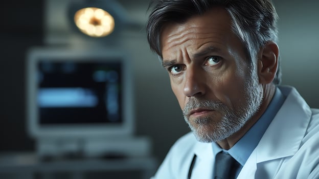 Focused doctor with a determined expression in a clinical setting suggesting expertise and commitment to healthcare and patient care photo