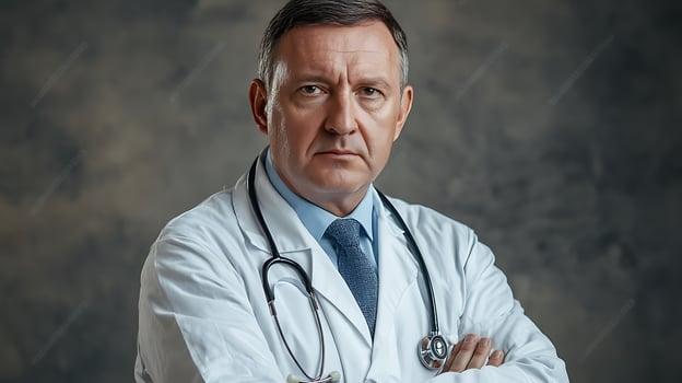 Confident doctor in lab coat with stethoscope arms crossed Professional healthcare provider ready to assist with medical expertise photo