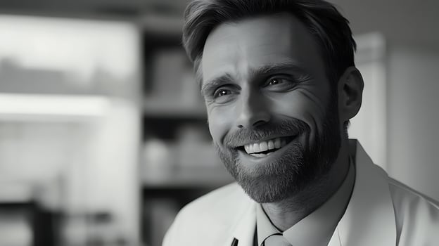 Friendly healthcare professional with a warm smile and wearing a white coat promoting trust and professionalism in medicine photo
