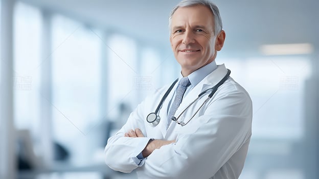 Confident senior doctor with a stethoscope in hospital Healthcare professional with an amiable disposition in a medical setting photo