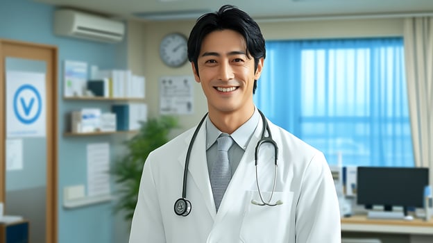 Smiling doctor with stethoscope in a well-lit office professional and approachable ready to provide medical care photo
