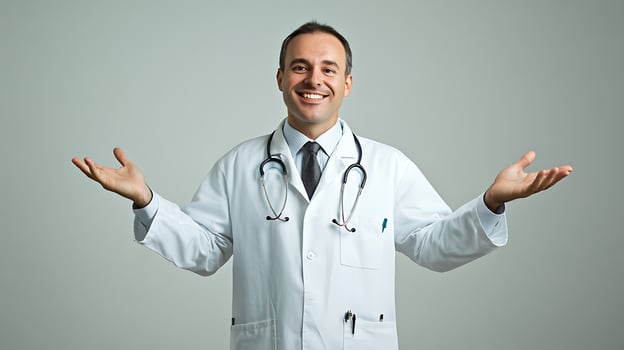 Friendly doctor with open gesture ready to help invites consultations for your health concerns with welcoming and professional approach photo
