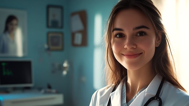 Smiling doctor in white coat with stethoscope in an office setting A modern hopeful image of healthcare photo