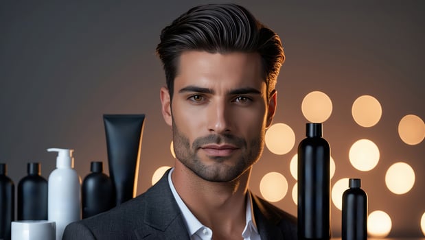 Stylish man posing with hair care products in a modern setting photo