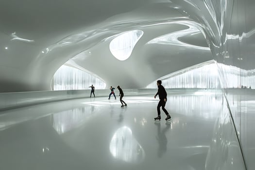 People skating in futuristic ice rink with modern white architecture photo