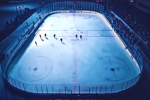 Hockey players competing in an ice hockey match at night photo