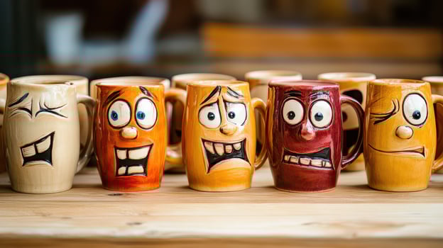 A row of coffee mugs with faces on them photo