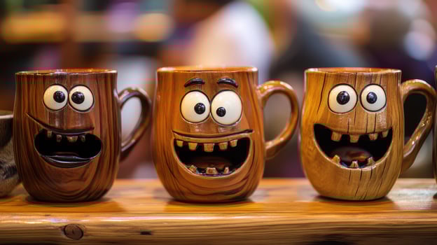 A row of four wooden coffee mugs with faces photo