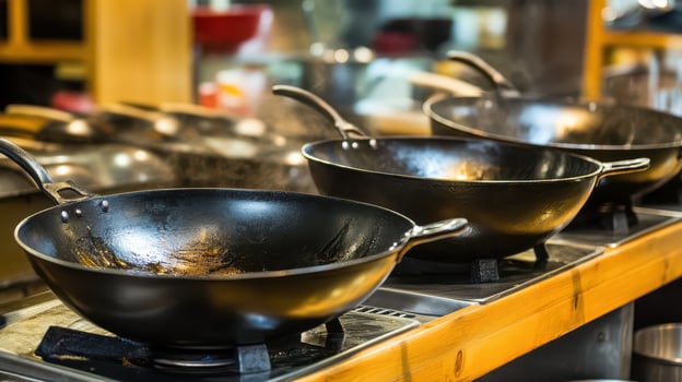 A line of woks on a stove photo