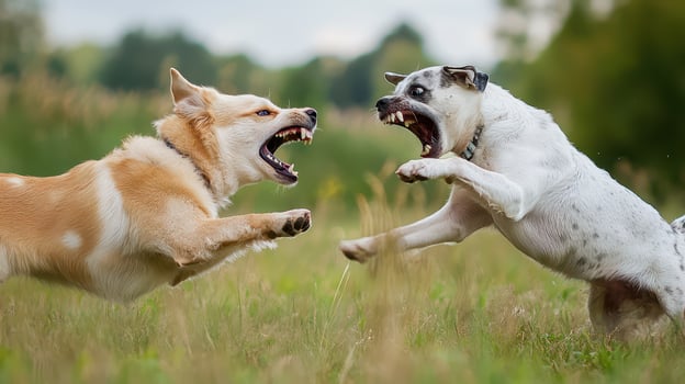 Two dogs fighting in a field photo