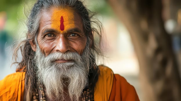 An old man with a beard and orange face paint photo