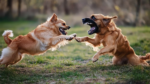 Two dogs fighting in the grass photo