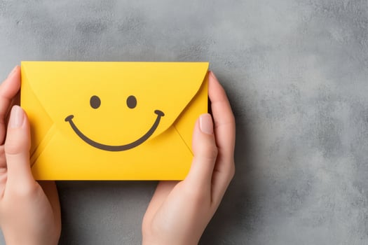 Hands holding a bright yellow April Fools Day greeting card featuring a smiling face and a lighthearted joke for festive celebration photo