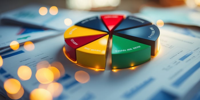 Colorful pie chart displays data analysis tools on a workspace table with blurred bokeh lights in the background photo