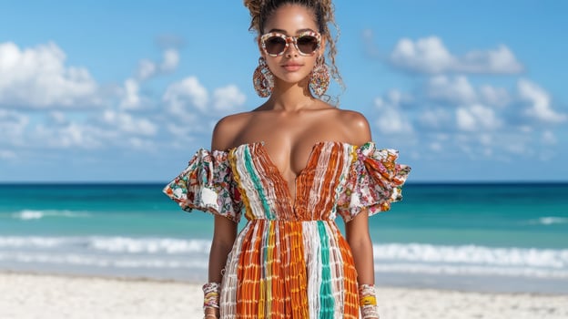 A woman in a colorful dress on the beach photo