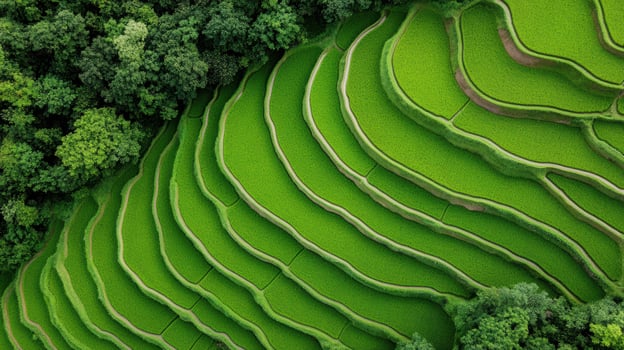 Aerial view of rice terraces in the green forest photo
