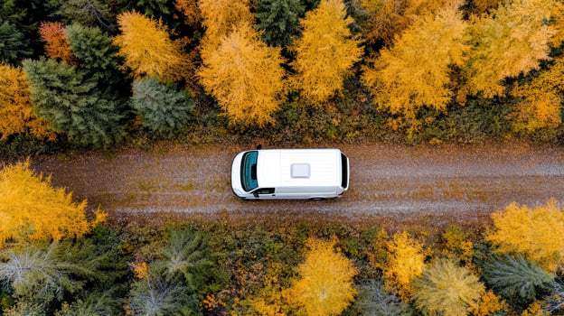 An aerial view of a white van driving through a forest photo