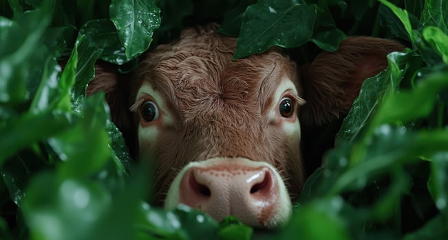 A brown cow hiding among green leaves photo
