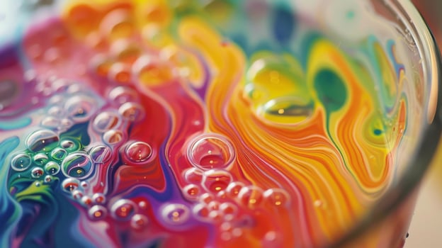 Bright, swirling colors of red, yellow, green, and blue create a mesmerizing pattern in a glass full of bubbles, reflecting the light and creating a lively scene. photo