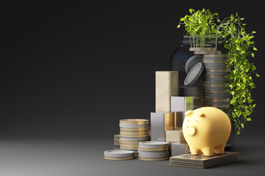 A symbolic financial growth concept featuring a piggy bank, gold and silver coins, a glass jar with savings, and green plants, representing wealth accumulation and smart investment. 3d rendering. photo
