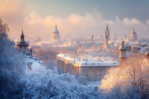 Iconic cityscape covered in fresh snow, with famous landmarks softened by winter tranquil beauty photo