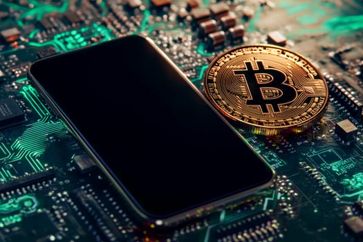 A smartphone with a blank black screen lies on nearly bitcoin with futuristic green mainboard. photo