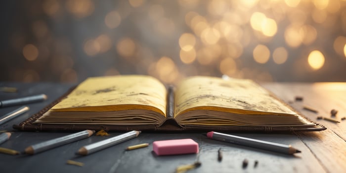 Open book surrounded by pencils and eraser in a softly lit room photo