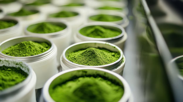 Vibrant green matcha powder in white containers, showcasing its rich color and texture. Perfect for culinary and health uses photo