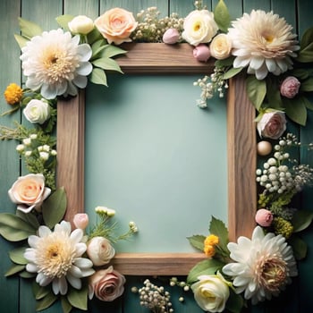 Wooden Frame Decorated with a Beautiful Arrangement of Pastel Flowers photo
