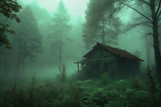 An Enigmatic Cabin shrouded in a Mysterious Green Fog within a Dense Forest photo