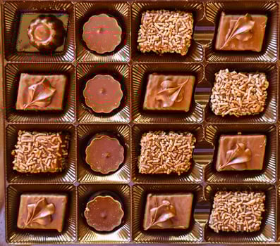 Box of different chocolate sweets close up photo