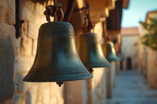 Old bronze bells hanging in a monastery photo